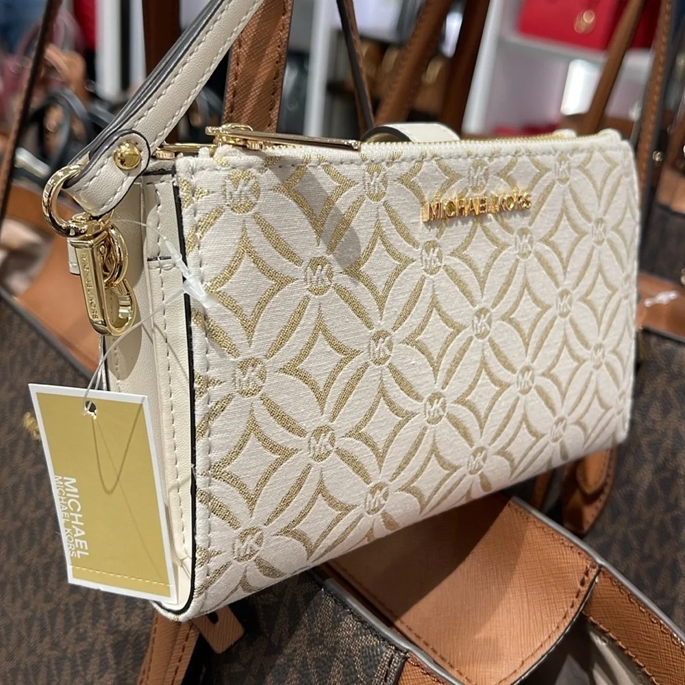 Michael Kors Jet Set Travel Large Double-Zip Wristlet-Wallet-PhoneHolder Pale Gd